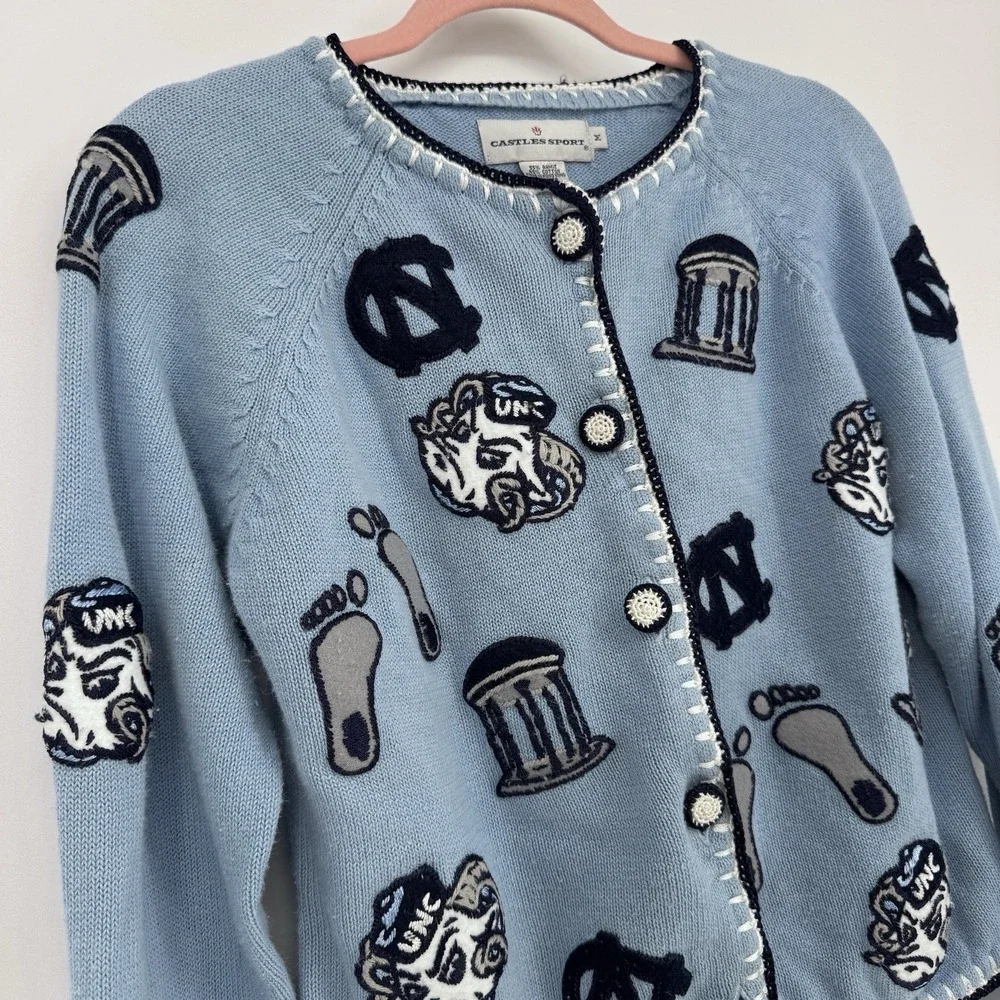 Vintage UNC Tar Heels Cardigan Sweater Medium Blue Knit Sport Coquette Women's
